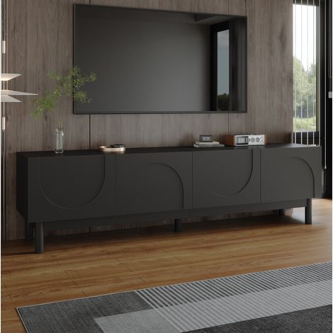 Lowboard TV noir 169 x 34 x 45,5 cm, 4 portes sans poignées, pieds en bois (1/5)