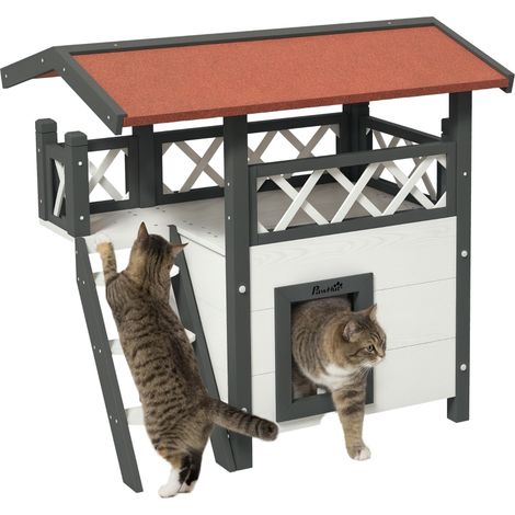 Maison pour Chats Extérieure 2 Niveaux 77x50x73 cm avec Toit Asphalte Échelle Balcon Couleur Blanche Design Élégant (1/5)