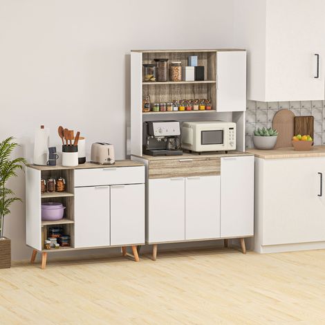 Buffet de cuisine avec rangements, 1 tiroir, 1 placard à double porte et 3 étagères réglables, 95 x 35 x 85 cm, blanc (1/5)