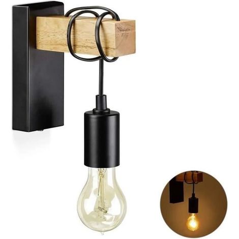 Aplique de pared industrial vintage, lámpara de techo de 40 W, aplique retro con madera negra y metal. (1/5)