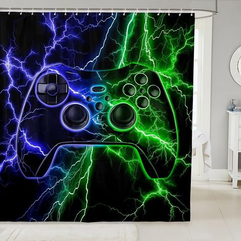Rideau Douche 180x210cm Gamer, Rideaux de Douche Jeu, Rideau de Baignoire Jeux Game Garçon, Rideaux Salle de Bain Bleu Vert Lightning - 180L X 210H cm (1 Panneaux) (1/5)