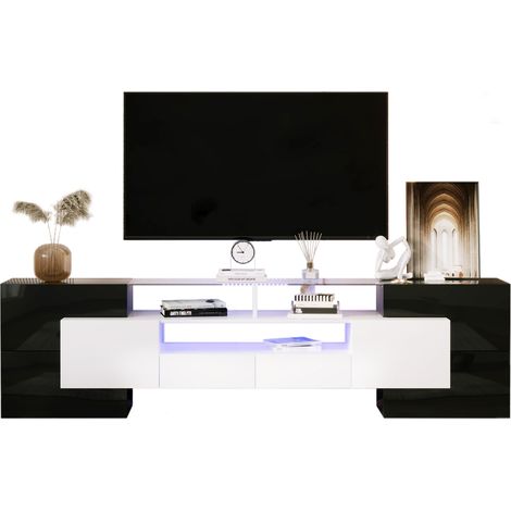 Meuble TV bas blanc noir laqué avec éclairage LED plateau verre 200 cm