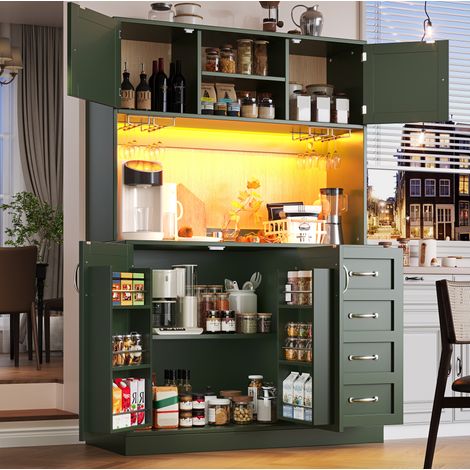 Buffet de cuisine MDF vert 120x40x188 cm, 4 portes, 2 grands tiroirs, porte-boissons, éclairage LED contrôlé par appli (1/5)