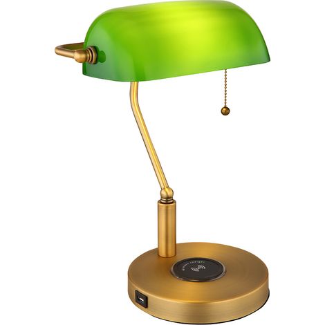 Lampada LED da scrivania lampada banker lampada da tavolo in ottone antico vetro verde luce di lettura, ricarica wireless connessione USB, interruttore a strappo, 7W 806lm bianco caldo, LxH 26,5x36 cm (1/5)