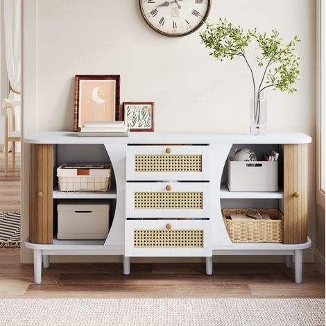 Aparador 140.5x40x76 cm blanco y color madera en MDF y tablero de partículas con cajones de ratán (1/5)