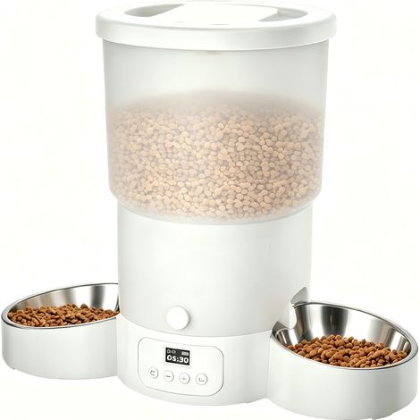 5L Distributeur Croquettes Chat Automatique 2 Bols, Minuterie Programmable Gamelle Chat Automatique 1-6 Repas par Jour, Un Bouton Fonctionnement Facile pour Chien avec Enregistreur Vocal 10S (1/5)