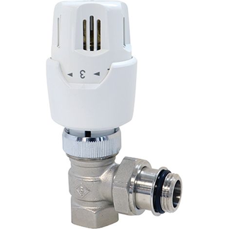 Blanc Habitat – Robinet thermostatique équerre 3/8" – Corps laiton nickelé – Bulbe à dilatation de cire – Température maxi 110°C – Protection anti-gel (1/8)