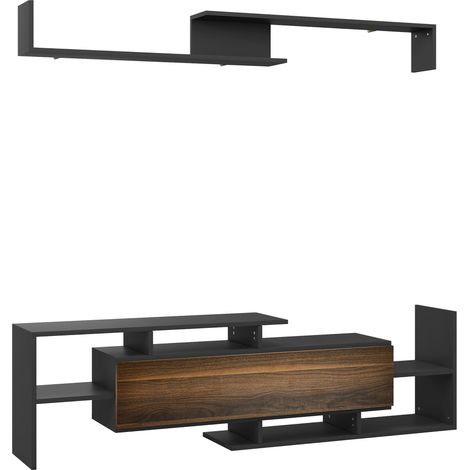 Wandmontiertes TV-Möbel mit Ablage, offenen Regalen und Holzschrank, schwarz und braun