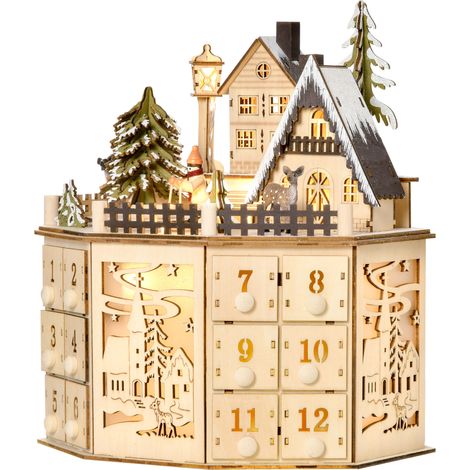 Calendrier de l'Avent en bois naturel, 24 tiroirs lumineux LED, déco de Noël pour maison, boîte à surprises festive, éclairage chaleureux (1/5)