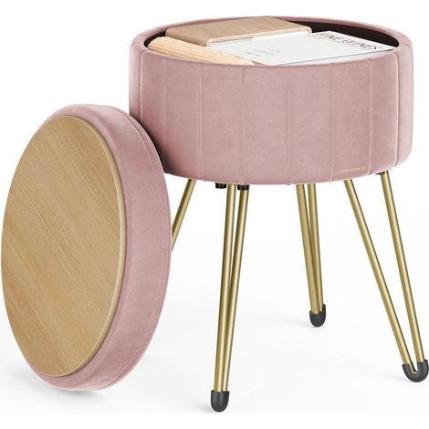Tabouret rond avec espace de rangement 39 x 44,4 cm assise confortable style moderne dressing salon en velours rose bonbon (1/2)