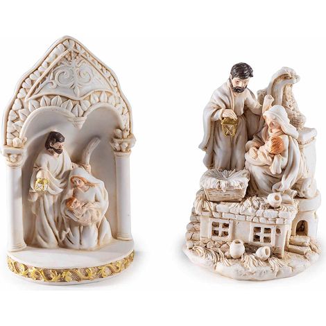 Presepe statuine Famiglia Sacra in resina con dettagli dorati da appoggiare, set da 6 pezzi, cm 6 x 4 x 11 H