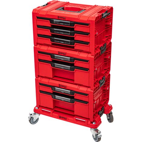 Qbrick System PRO Cajón Set de taller 3 ROJO ULTRA HD + 2x Cajón 2 Caja de herramientas + 1x Cajón 3 Caja de herramientas + tablero rodante