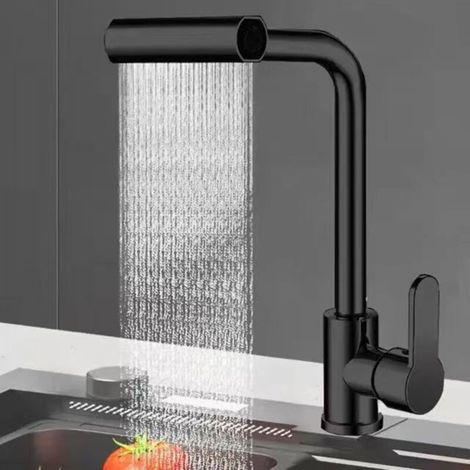 Robinet cascade de cuisine extensible Mitigeur Cuisine Rotatif à 360° Robinet de Cuisine avec Pulvérisateur Extractible,4 Modes de Jet,Froid & Chaud Disponible (Noir) (1/5)