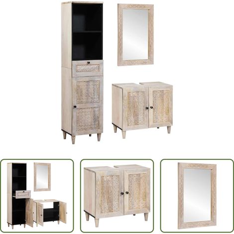 Holzschrank - Badezimmermöbel Set mit Schubladen 3 pcs Weiß Massivholz Mango (1/5)