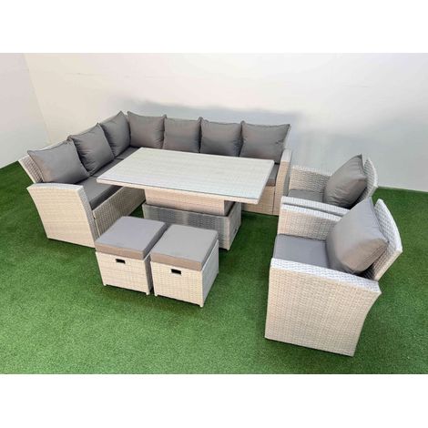 Fimous 10 Seat Rattan Outdoor Garden Furniture Corner Sofa Set Adjustable Lifting Dining or Coffee Table Set with 2 Small Footstools Light Grey (1/5)