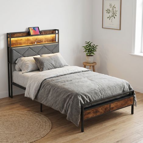 Letto singolo 90x190 cm per adulti, con LED RGB, testiera con contenitore e porte USB, stile industriale, grigio