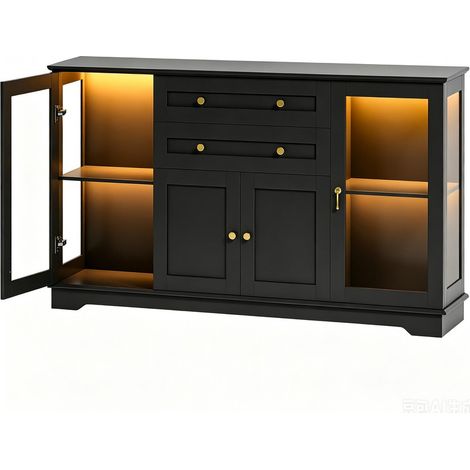 Buffet bas de cuisine,avec 2 portes vitrées,2 portes bois,2 tiroirs, 140x86x40cm,éclairage led,pour cuisine, salle à manger, noir (1/4)