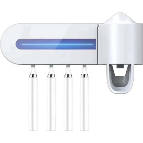 Stérilisateur de brosses à dents UV rechargeable par USB, blanc, sans perçage, avec support de rangement et distributeur de dentifrice (1/5)