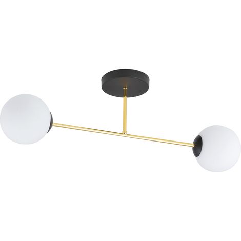 Plafoniera Moderna Magnium 2 Luci In Acciao Nero Oro E Sfere In Vetro Bianco (1/5)