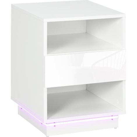 Table de chevet avec éclairage LED, table de nuit avec télécommande, tiroir laqué brillant et 2 étagères, 40 x 40 x 55 cm, blanche (1/5)