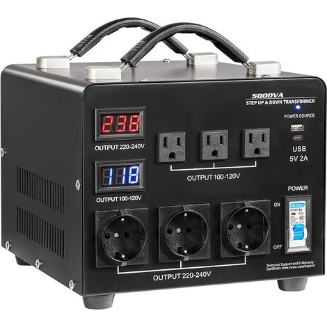 5000-VA-Transformator, Spannungswandler, Hochleistungs-Auf- und Abwärtswandler 110 V auf 220 V, 3 US- und 3 EU-Steckdosen, LCD-Bildschirm (1/5)