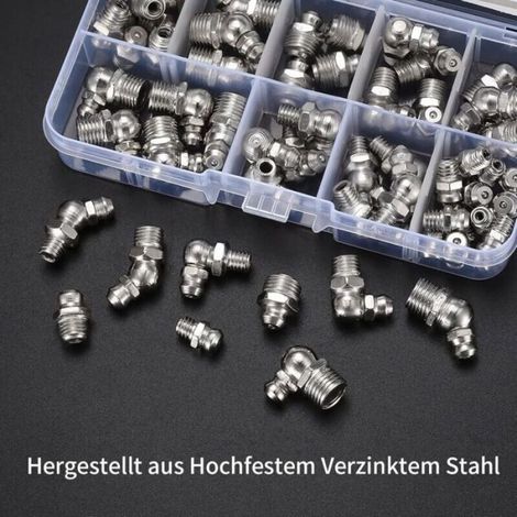 Graisseur À Visser - M6 M8 M10 - Angles 45° 90° 180° - Fer Nickelé - Boîte Plastique - 60 Pièces (1/4)