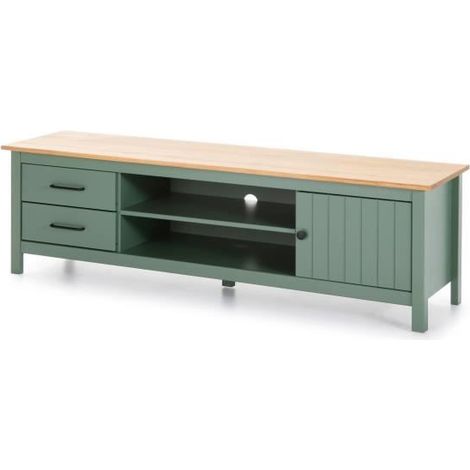Meuble TV en bois massif 1 porte 2 tiroirs pin vert et miranda 158x40x47H (1/4)