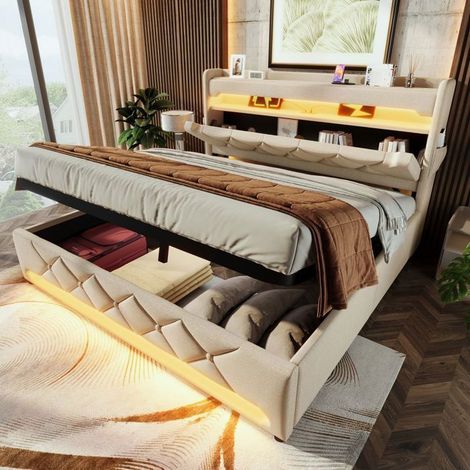 Lit Coffre 180x200 beige, Lit capitonné en tissu avec tête de lit rangement, LED 360°, USB-C et grand sommier (Sans matelas) (1/5)