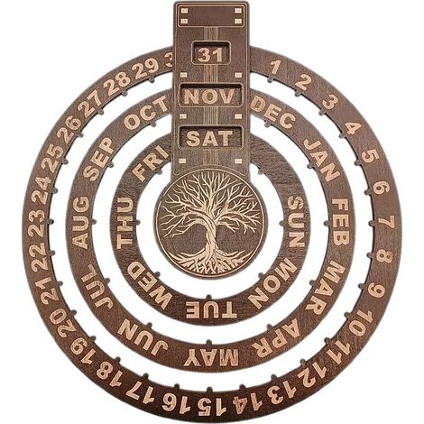 1 Calendrier mural perpétuel, design circulaire rotatif, bois naturel, symbole Arbre de la Vie, décoration maison bureau (1/4)