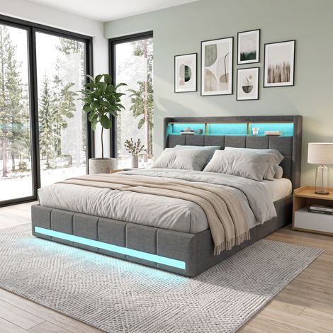 Superaly Lit Double 140x200 cm, Lit Capitonné avec 4 Tiroirs de rangement, Double Ports USB et Type-C, éclairage LED réglable, Tête de Lit avec Cadre de rangement, Style Nordique Moderne, Lin, Gris (1/5)