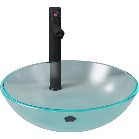 Lavabo baño grifo&desagüe de empuje vidrio templado esmerilado vidaXL