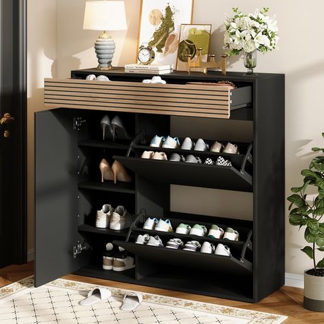 Mueble zapatero 100x35x105 cm con 2 puertas abatibles, 1 cajón y 1 puerta, almacenamiento entrada, MDF negro y madera (1/5)