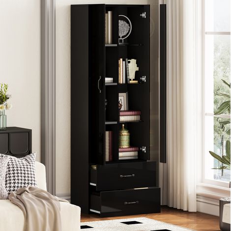 Schwarze LED-Standvitrine mit 2 Türen, Schubladen und Regalen, 60 x 35 x 182,5 cm (1/5)