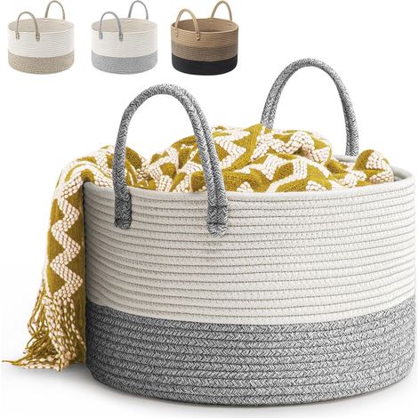 Cesta de lavandería de algodón tejido, 51 cm de diámetro x 34 cm de alto, plegable, de cuerda de algodón, de gran capacidad (gris) (1/5)