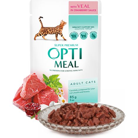Optimeal, cibo umido per gatti al vitello in salsa di mirtilli rossi, 85 g.