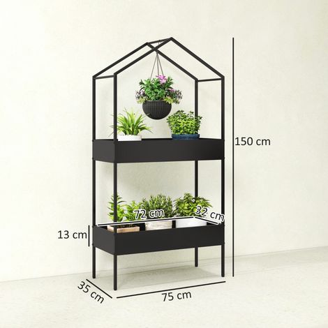 Support de plantes en métal noir, étagère double en forme de maison, 150 cm, avec crochets, pour jardin et intérieur. (1/5)