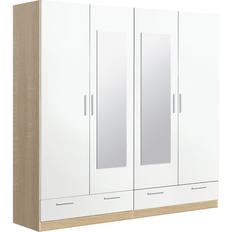 Armoire / placard de rangement de 4 portes avec miroirs + 2 tiroirs coloris Chêne Cambrian / Blanc - longueur 202 x profondeur 51 x hauteur 200 cm -PEGANE-