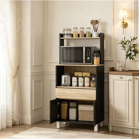 Mobile per microonde da cucina nero e rovere 60 x 40 x 131 cm con cassetto e armadio OKWISH (1/5)