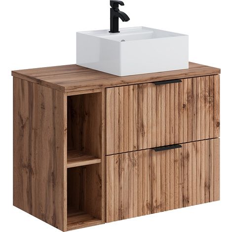 Meuble de salle de bain suspendu strié avec niches et vasque à poser carrée - Naturel clair - L80 cm - ZEVARA
