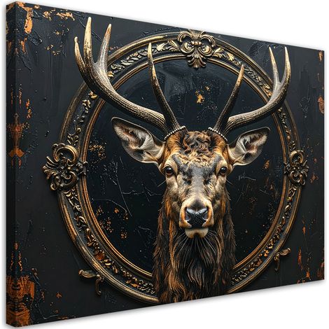 Tableau déco Tête de cerf bois sur fond noir 90x60 (1/4)
