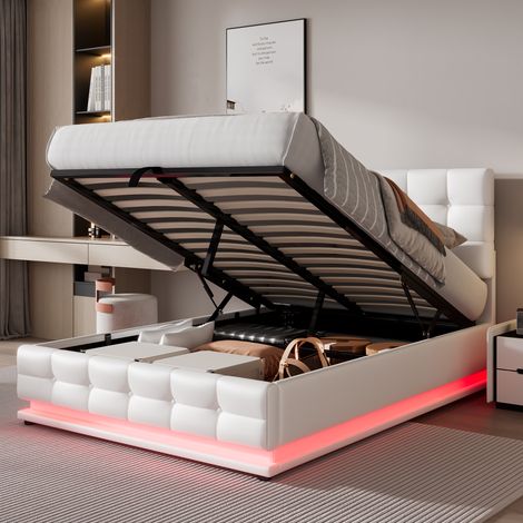 Ottoman Storage Bed with LED, PU Faux Leather Upholstered Bed Frame with Gas Lift Large Storage, 4ft6, for Bedroom Furniture, White