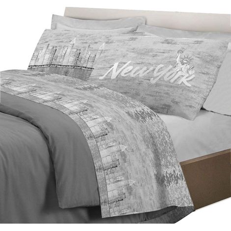 Completo letto lenzuola, stampa digitale New york 100% cotone, made in italy Grigio - 2 Piazze