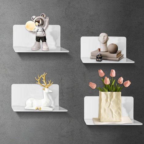 Lot de 4 étagères murales blanches - Petite étagère murale 10 cm avec trou de câble - Mini étagères autocollantes sans perçage - En acrylique - Pour salle de bain, salon, chambre à coucher (1/5)