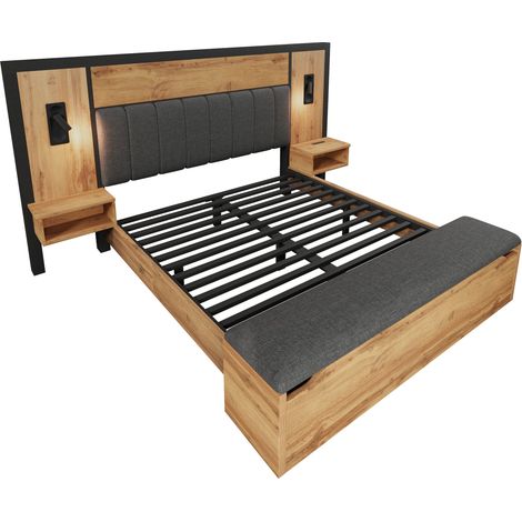 Lit double rembourré 160×200, ensemble de lit avec lampe de lecture et table de chevet USB-C, banc avec rangement, cadre de lit avec sommier à lattes en métal, bois et lin, chêne (matelas non inclus)