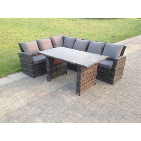 Fimous 6 Sitzer Hoher Rücken Rattan Gartenmöbel-Set Ecksofa mit Schwarz gehärtet Esstisch Esstisch (1/3)