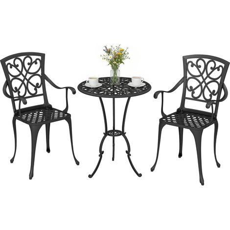 3-teiliges Garten Bistro Set runder Bistrotisch mit 2 Stühlen Sonnenschirmloch, Antik aus Aluminiumguss