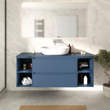 Mobile bagno sospeso 120cm due cassetti alby blue e due vani a giorno con top Hexa (1/4)