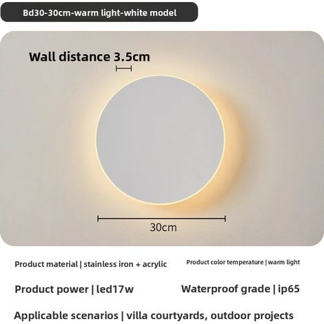Applique murale LED ronde (30 cm, 17 W, lumière blanche) étanche IP65, idéale pour l'extérieur (couloir, entrée, porche, chambre, etc.). (1/5)