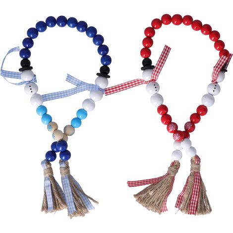 2 pièces de guirlandes de perles en bois rustique 65cm, perles décoratives colorées avec glands pour décoration intérieure de Noël, rouge et bleu (1/5)