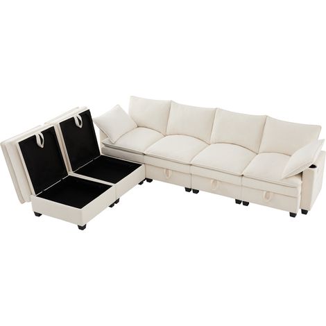 Canapé modulable en L avec revêtement en velours côtelé beige, pouf amovible, ports USB, rangements et porte-gobelets - 6 places (1/5)